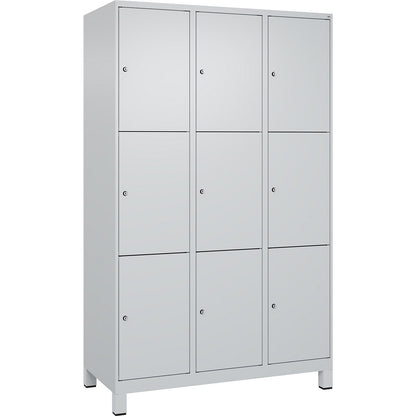 Evolo PLUS 3-fold compartment locker, 3 compartments, light grey, W 1200 mm, 9 compartments, with wide feet, cylinder lock.