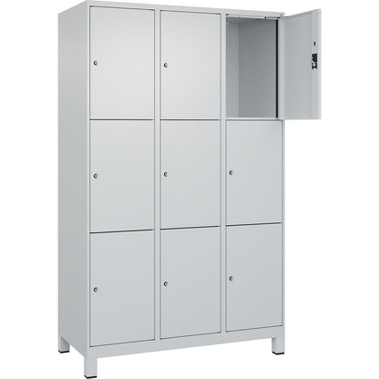 Evolo PLUS 3-fold compartment locker, 3 compartments, light grey, W 1200 mm, 9 compartments, with wide feet, cylinder lock.