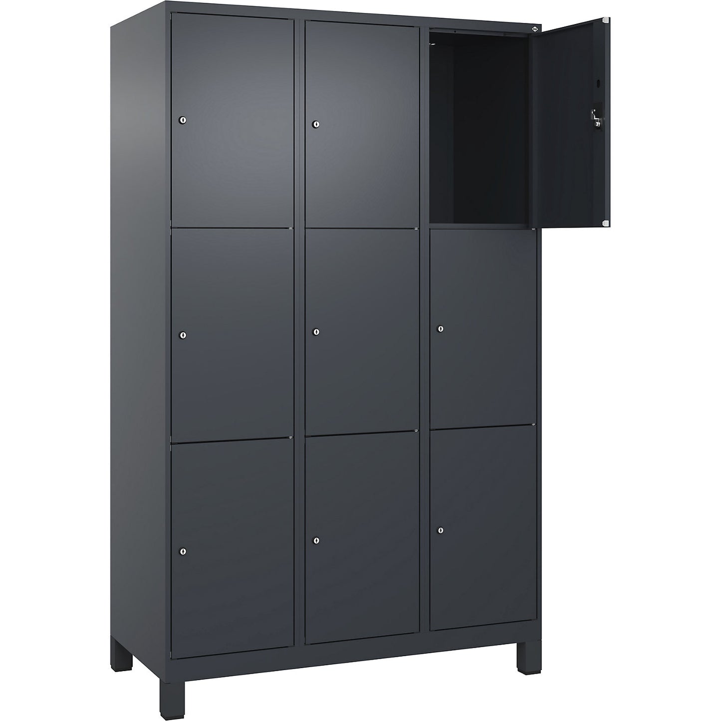 Evolo PLUS 3-fold compartment locker, 3 compartments, grey, W 1200 mm, 9 compartments, with wide feet, cylinder lock.