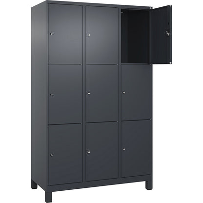 Evolo PLUS 3-fold compartment locker, 3 compartments, grey, W 1200 mm, 9 compartments, with wide feet, cylinder lock.