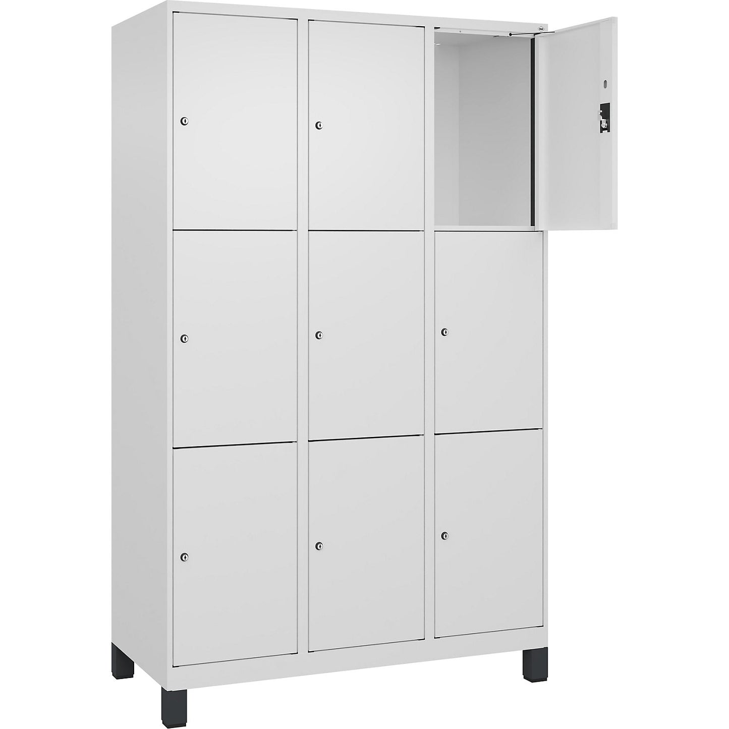Evolo PLUS 3-fold compartment locker, 3 compartments, white, W 1200 mm, 9 compartments, with wide feet, cylinder lock.
