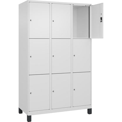 Evolo PLUS 3-fold compartment locker, 3 compartments, white, W 1200 mm, 9 compartments, with wide feet, cylinder lock.