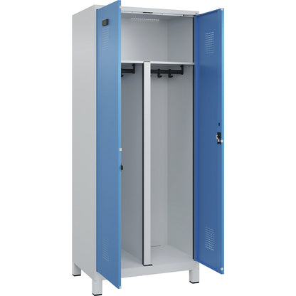 Evolo PLUS clean and dirty locker, 1 compartment, shortened centre divider, light grey / light blue, W 800 mm, with wide feet, cylinder lock.