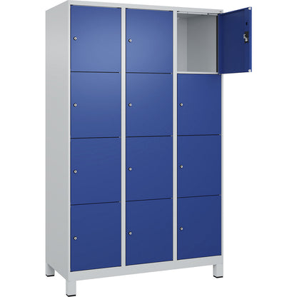 Evolo PLUS 4-fold compartment locker, 3 compartments, light grey / gentian blue, W 1200 mm, 12 compartments, with wide feet, cylinder lock.