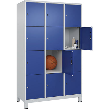 Evolo PLUS 4-fold compartment locker, 3 compartments, light grey / gentian blue, W 1200 mm, 12 compartments, with wide feet, cylinder lock.