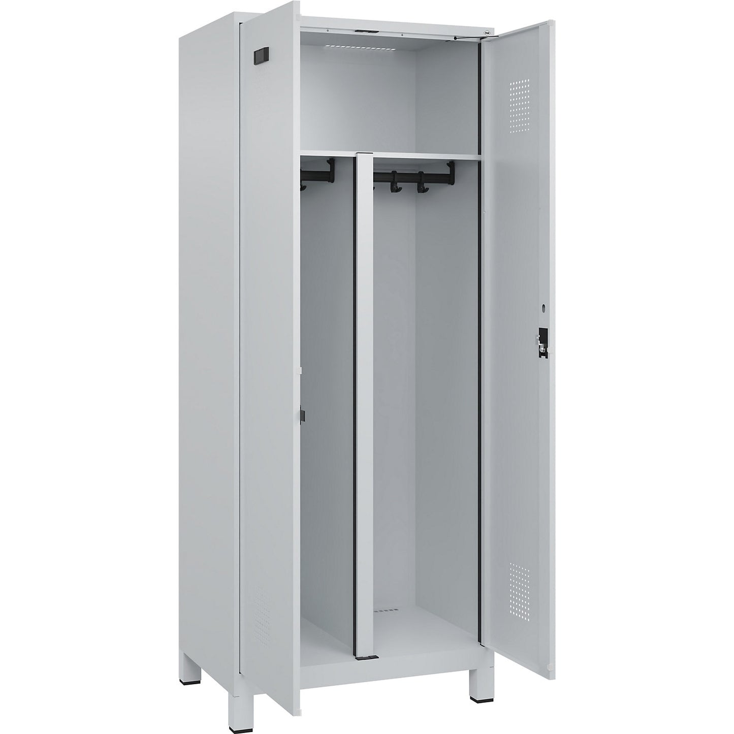 Evolo PLUS clean and dirty locker, 1 compartment, shortened centre divider, light grey, W 800 mm, with wide feet, cylinder lock.