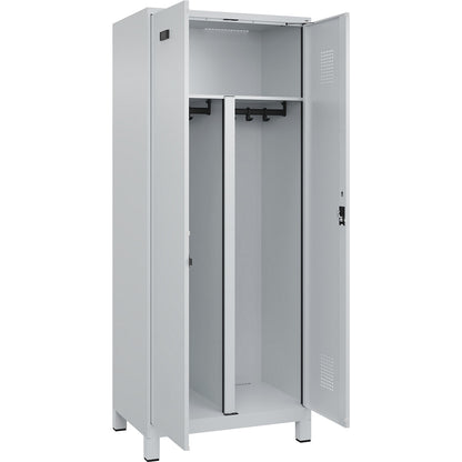 Evolo PLUS clean and dirty locker, 1 compartment, shortened centre divider, light grey, W 800 mm, with wide feet, cylinder lock.