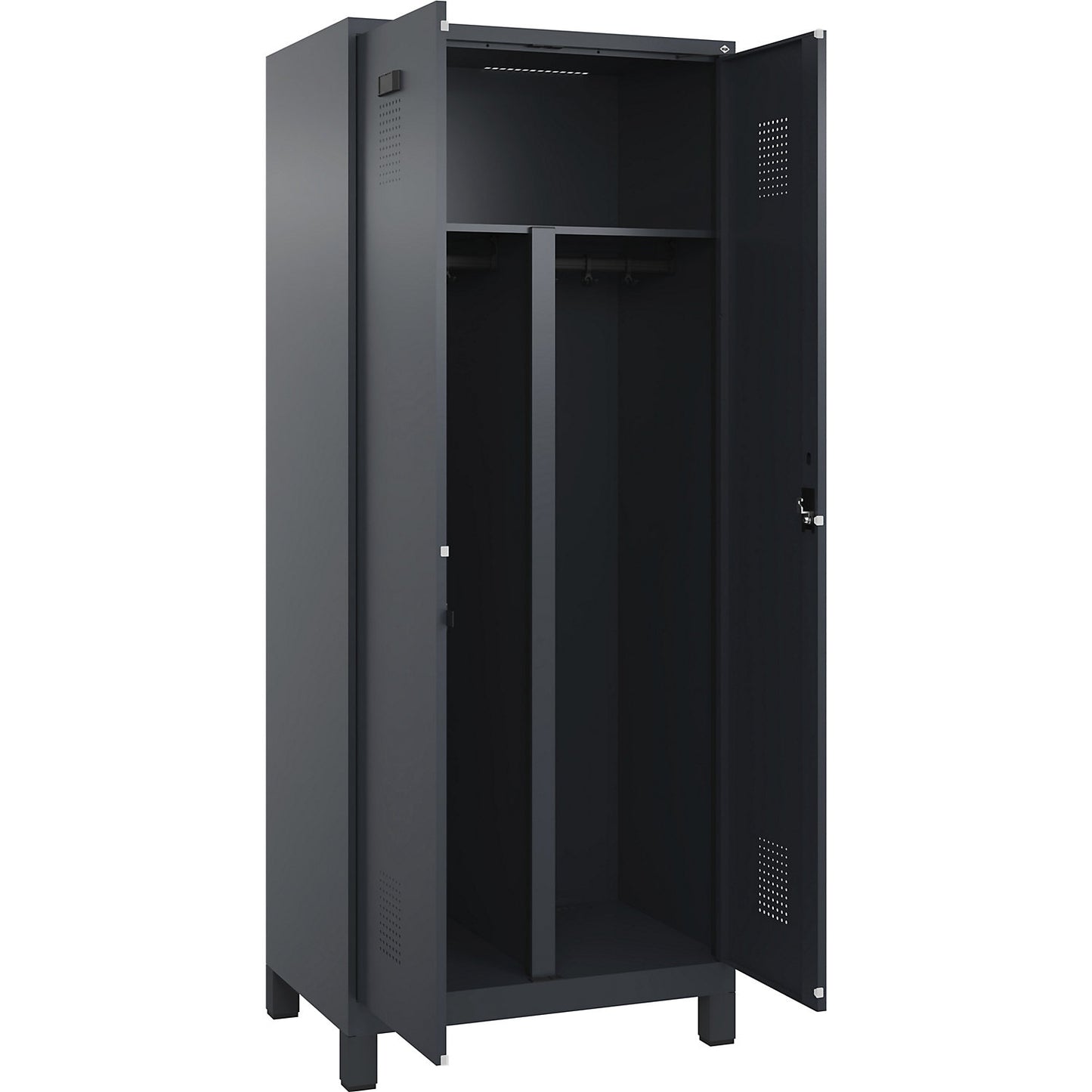 Evolo PLUS clean and dirty locker, 1 compartment, shortened centre divider, grey, W 800 mm, with wide feet, cylinder lock.