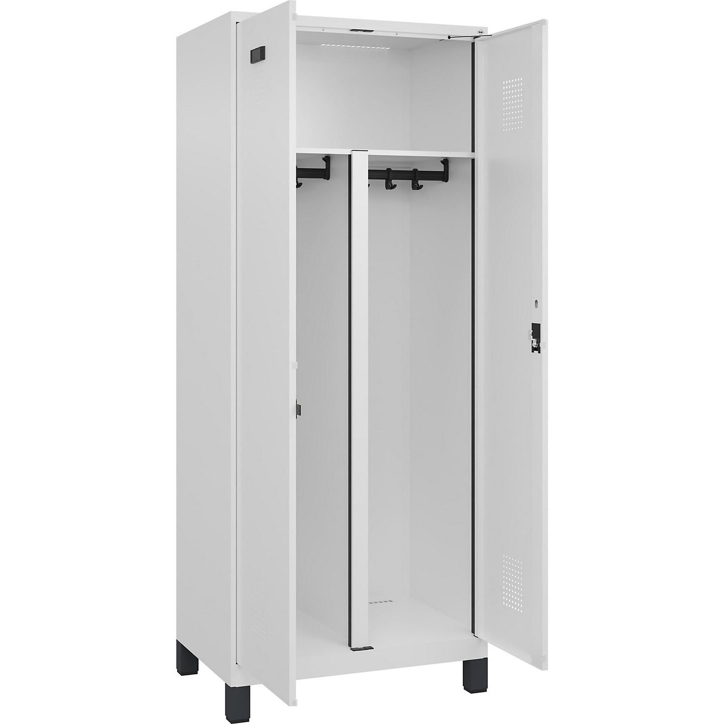 Evolo PLUS clean and dirty locker, 1 compartment, shortened centre divider, white, W 800 mm, with wide feet, cylinder lock.