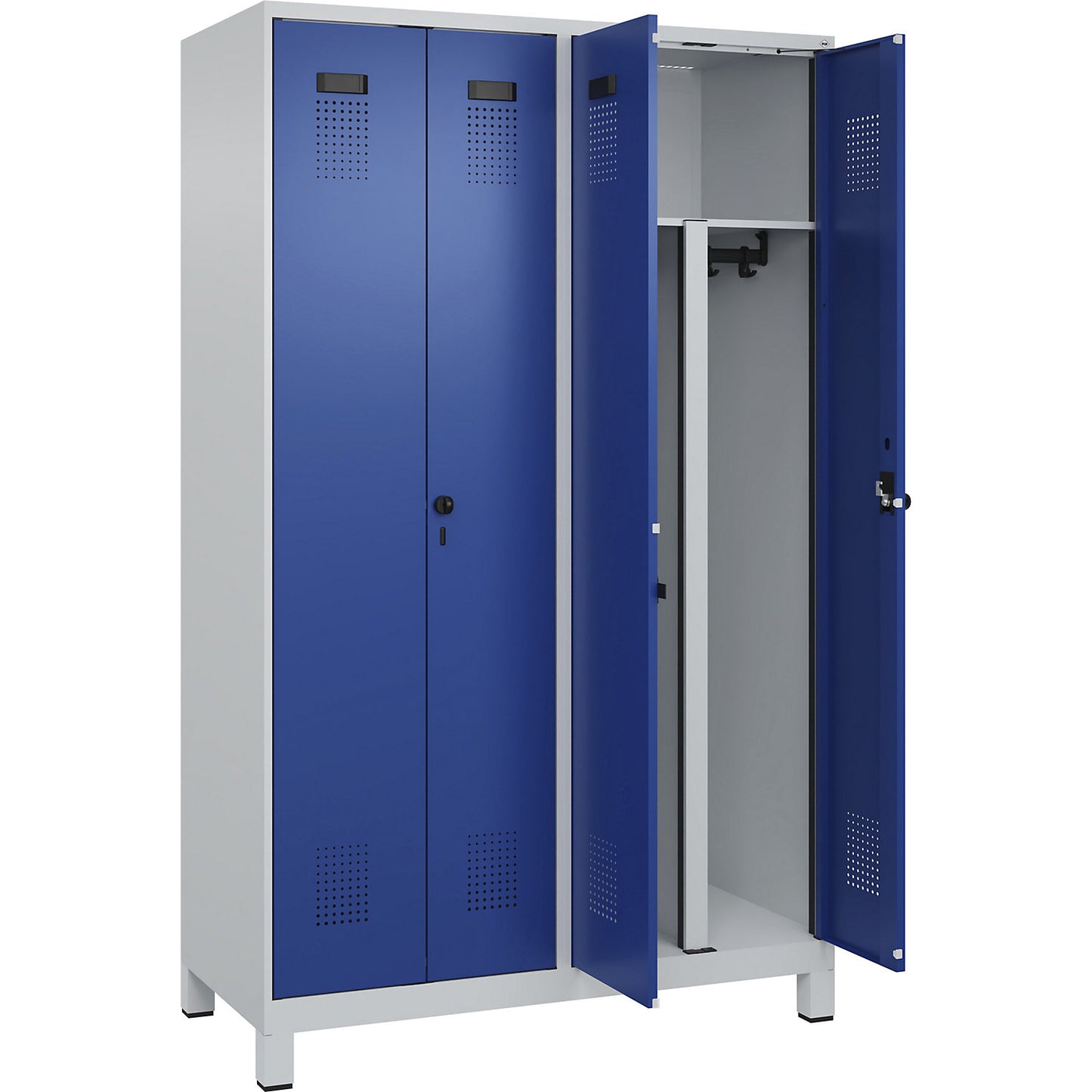 Evolo PLUS clean and dirty locker, 2 compartments, shortened centre divider, light grey / gentian blue, W 1200 mm, with wide feet, security rotary bolt.
