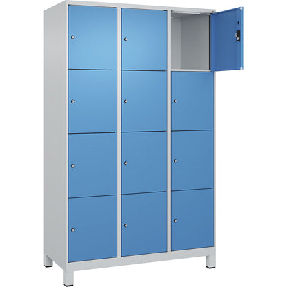 Evolo PLUS 4-fold compartment locker, 3 compartments, light grey / light blue, W 1200 mm, 12 compartments, with wide feet, cylinder lock.
