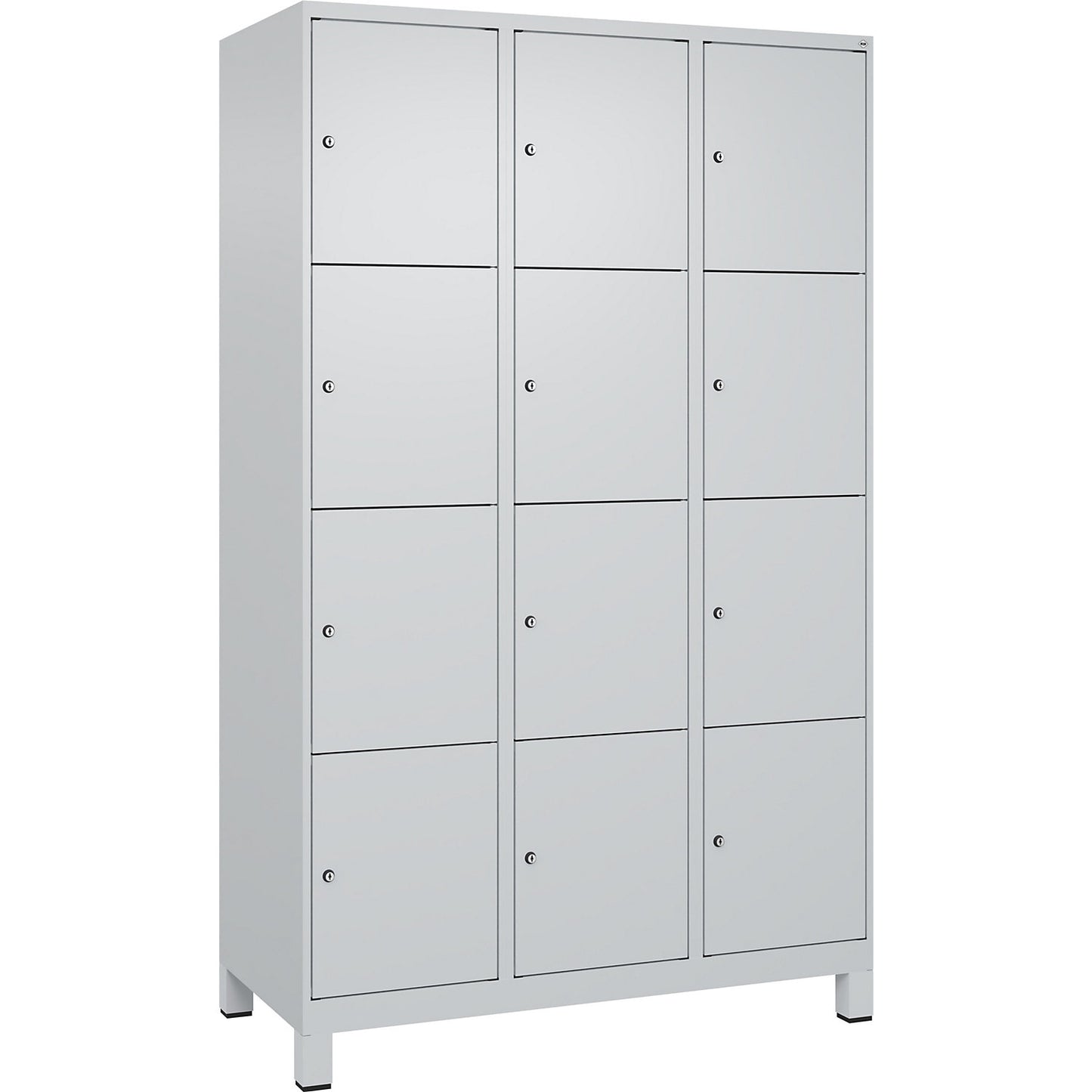 Evolo PLUS 4-fold compartment locker, 3 compartments, light grey, W 1200 mm, 12 compartments, with wide feet, cylinder lock.