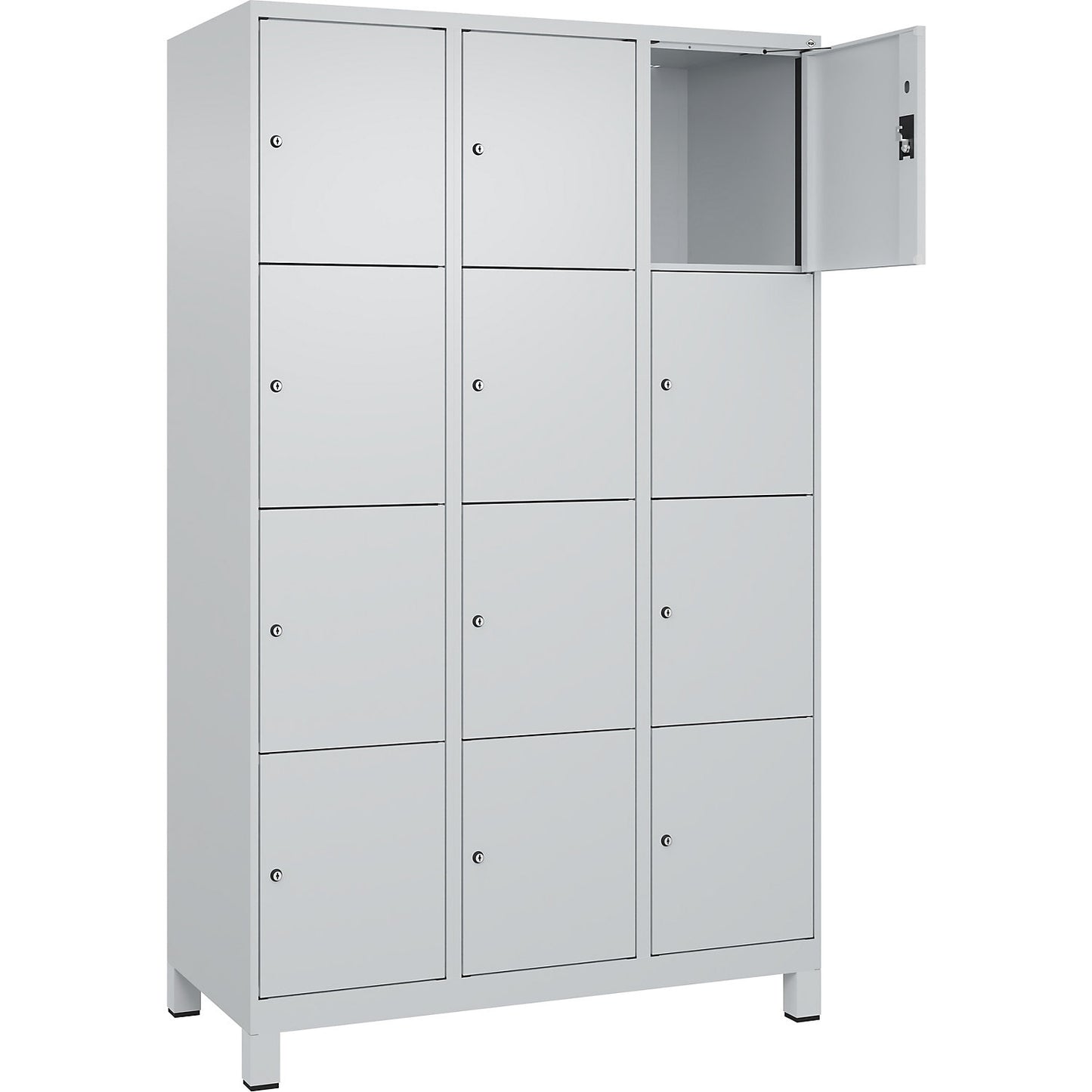 Evolo PLUS 4-fold compartment locker, 3 compartments, light grey, W 1200 mm, 12 compartments, with wide feet, cylinder lock.