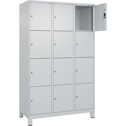 Evolo PLUS 4-fold compartment locker, 3 compartments, light grey, W 1200 mm, 12 compartments, with wide feet, cylinder lock.