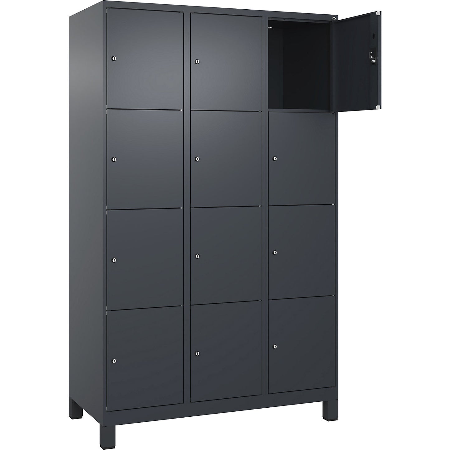 Evolo PLUS 4-fold compartment locker, 3 compartments, grey, W 1200 mm, 12 compartments, with wide feet, cylinder lock.