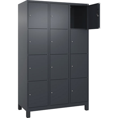 Evolo PLUS 4-fold compartment locker, 3 compartments, grey, W 1200 mm, 12 compartments, with wide feet, cylinder lock.
