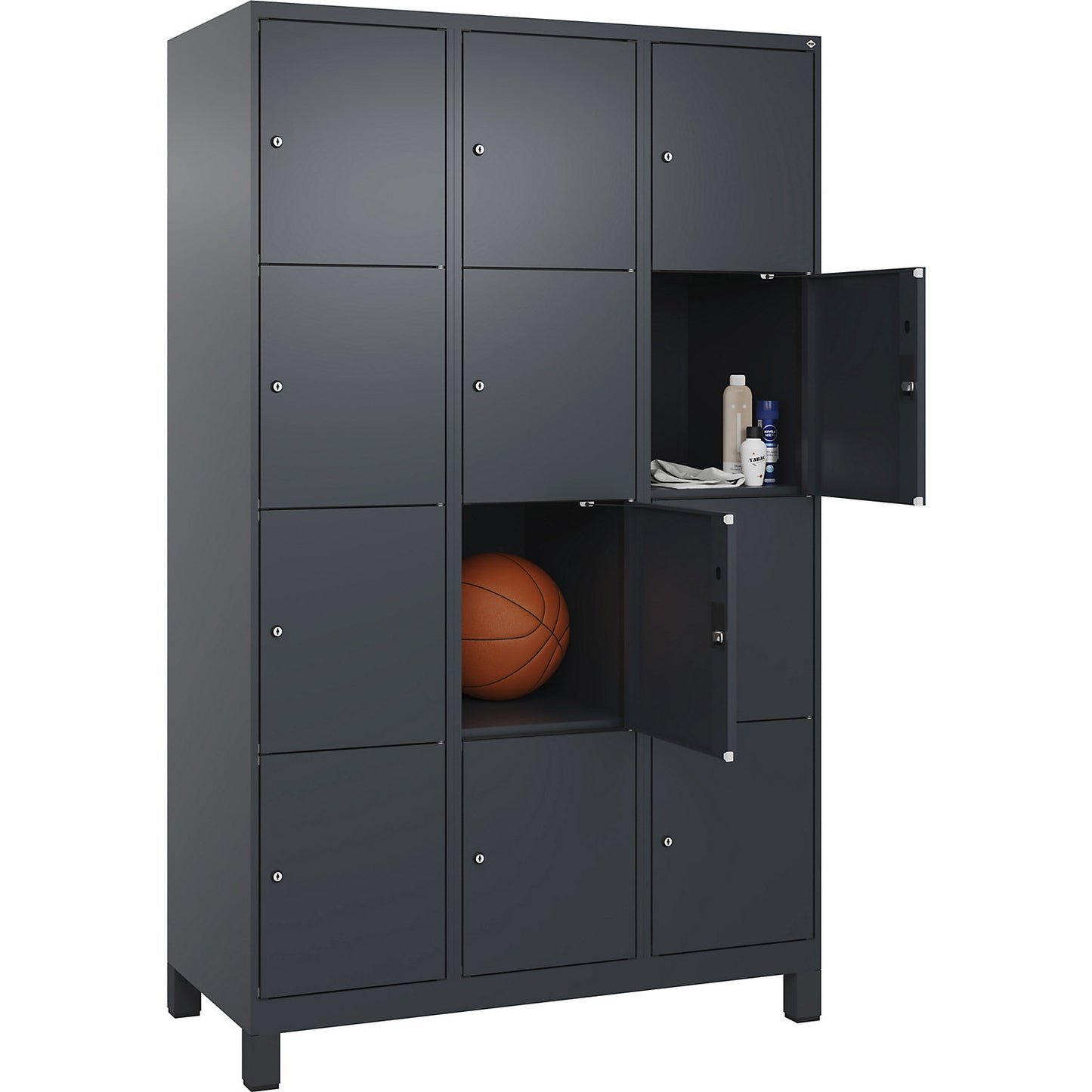 Evolo PLUS 4-fold compartment locker, 3 compartments, grey, W 1200 mm, 12 compartments, with wide feet, cylinder lock.