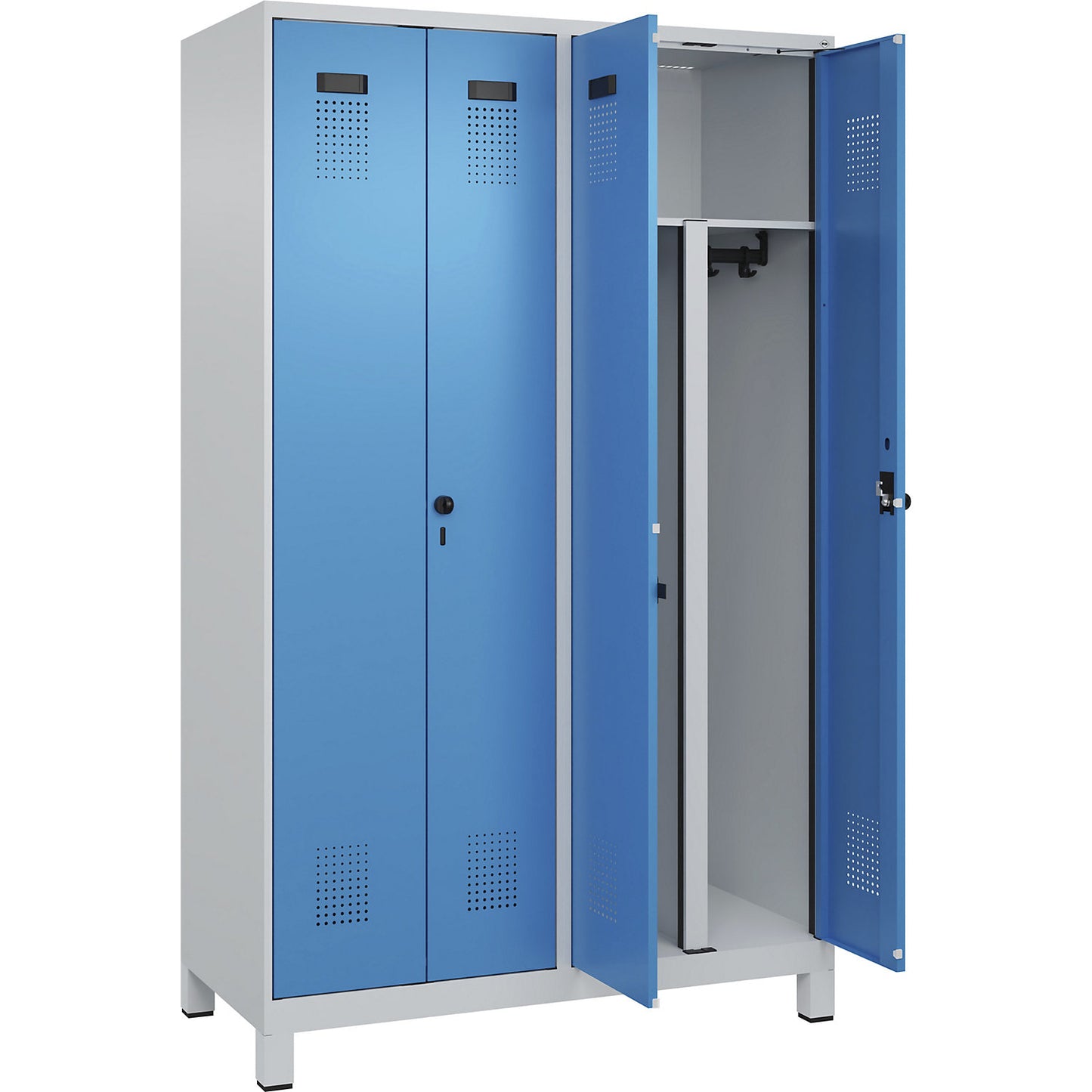 Evolo PLUS clean and dirty locker, 2 compartments, shortened centre divider, light grey / light blue, W 1200 mm, with wide feet, security rotary bolt.