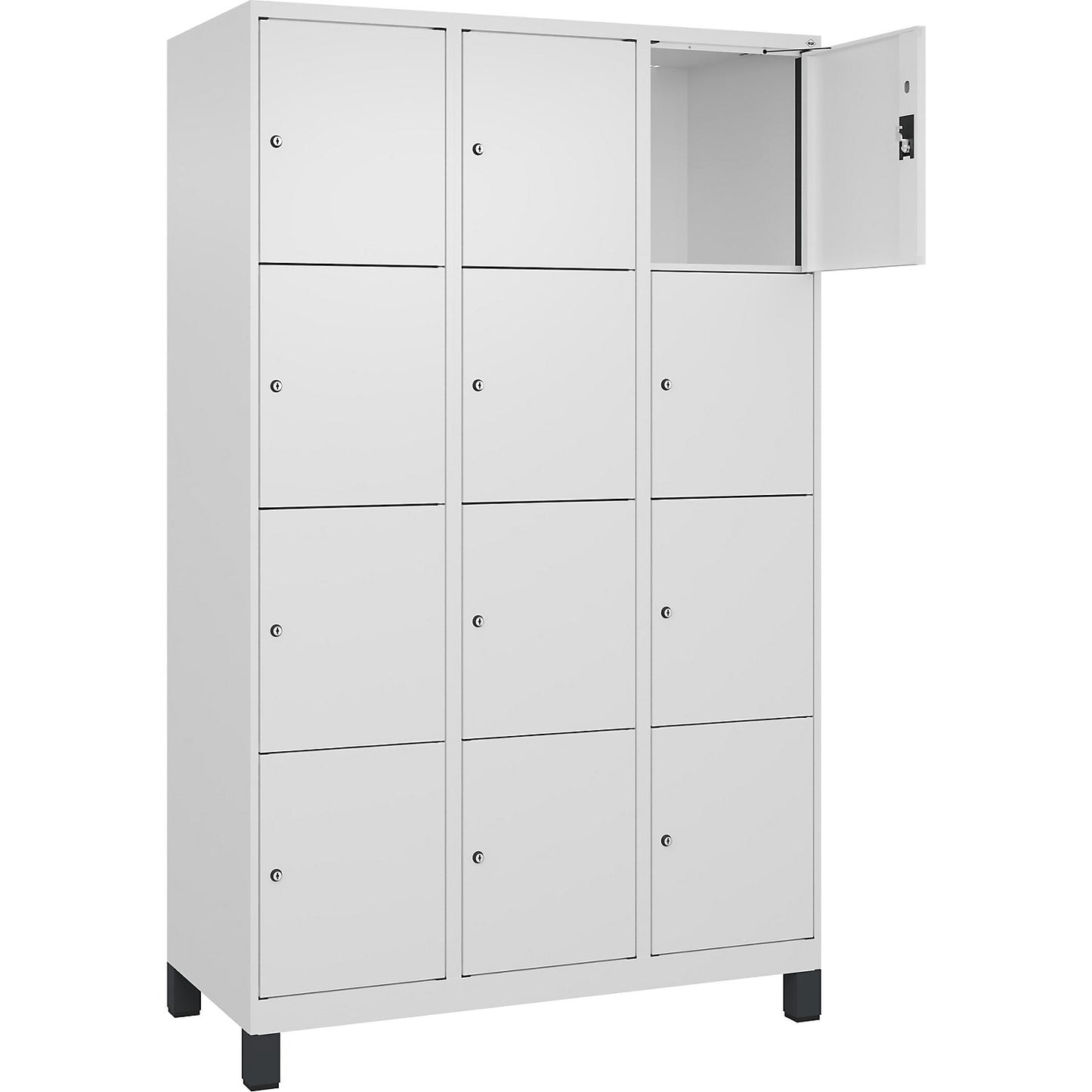 Evolo PLUS 4-fold compartment locker, 3 compartments, white, W 1200 mm, 12 compartments, with wide feet, cylinder lock.