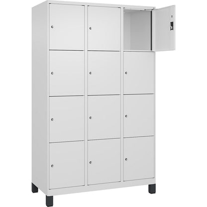 Evolo PLUS 4-fold compartment locker, 3 compartments, white, W 1200 mm, 12 compartments, with wide feet, cylinder lock.
