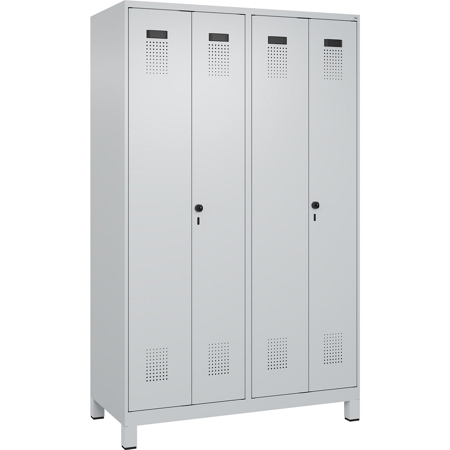Evolo PLUS clean and dirty locker, 2 compartments, shortened centre divider, light grey, W 1200 mm, with wide feet, security rotary bolt.