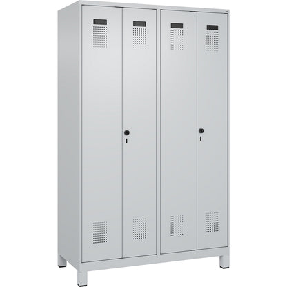 Evolo PLUS clean and dirty locker, 2 compartments, shortened centre divider, light grey, W 1200 mm, with wide feet, security rotary bolt.