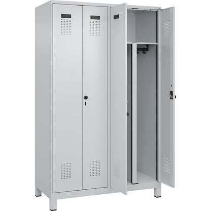 Evolo PLUS clean and dirty locker, 2 compartments, shortened centre divider, light grey, W 1200 mm, with wide feet, security rotary bolt.