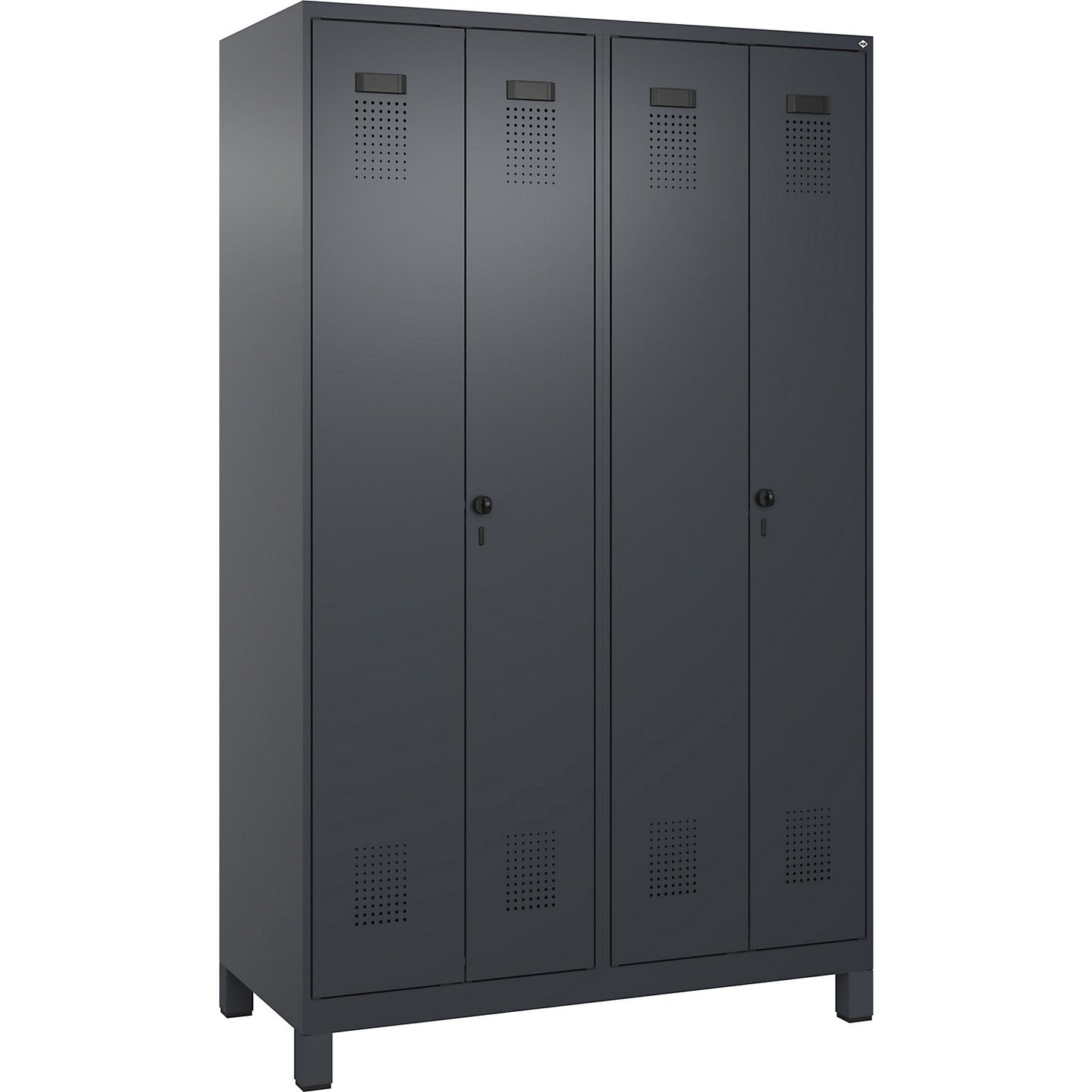 Evolo PLUS clean and dirty locker, 2 compartments, shortened centre divider, grey, W 1200 mm, with wide feet, security rotary bolt.