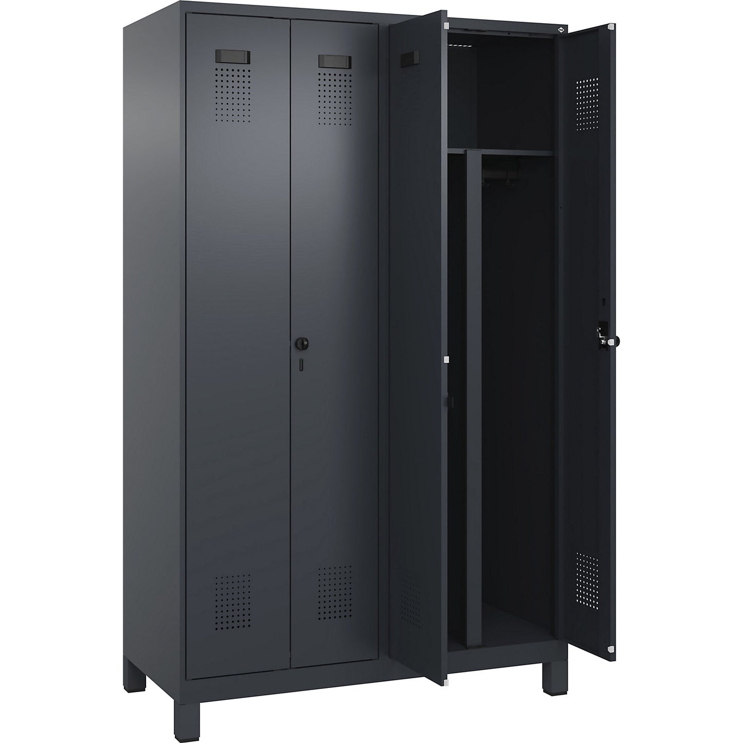Evolo PLUS clean and dirty locker, 2 compartments, shortened centre divider, grey, W 1200 mm, with wide feet, security rotary bolt.