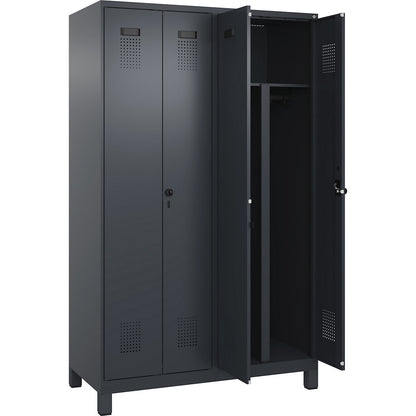 Evolo PLUS clean and dirty locker, 2 compartments, shortened centre divider, grey, W 1200 mm, with wide feet, security rotary bolt.