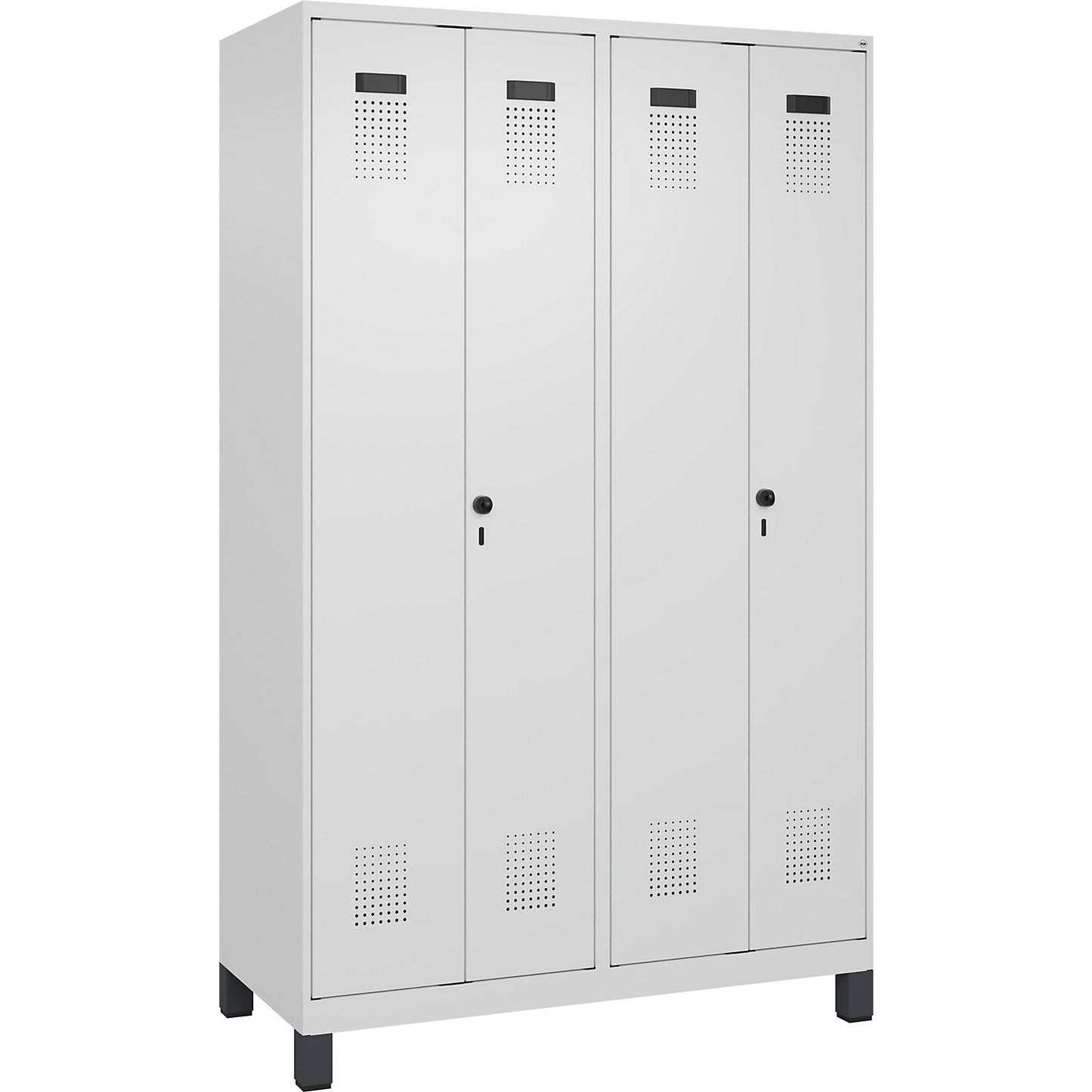 Evolo PLUS clean and dirty locker, 2 compartments, shortened centre divider, white, W 1200 mm, with wide feet, security rotary bolt.