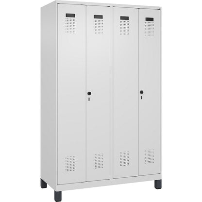 Evolo PLUS clean and dirty locker, 2 compartments, shortened centre divider, white, W 1200 mm, with wide feet, security rotary bolt.