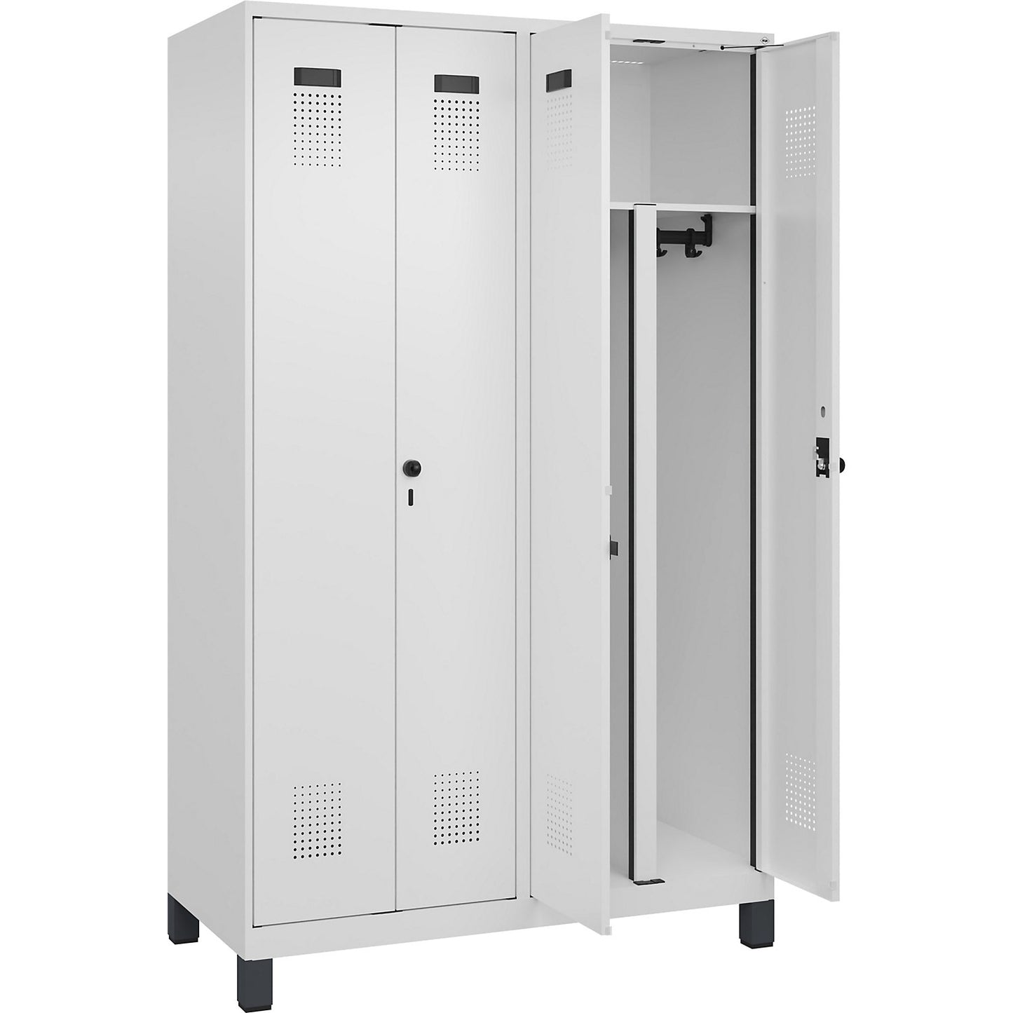 Evolo PLUS clean and dirty locker, 2 compartments, shortened centre divider, white, W 1200 mm, with wide feet, security rotary bolt.