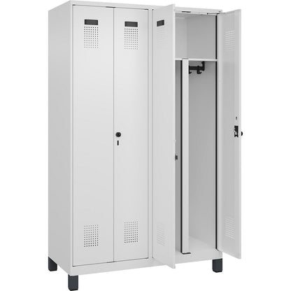 Evolo PLUS clean and dirty locker, 2 compartments, shortened centre divider, white, W 1200 mm, with wide feet, security rotary bolt.