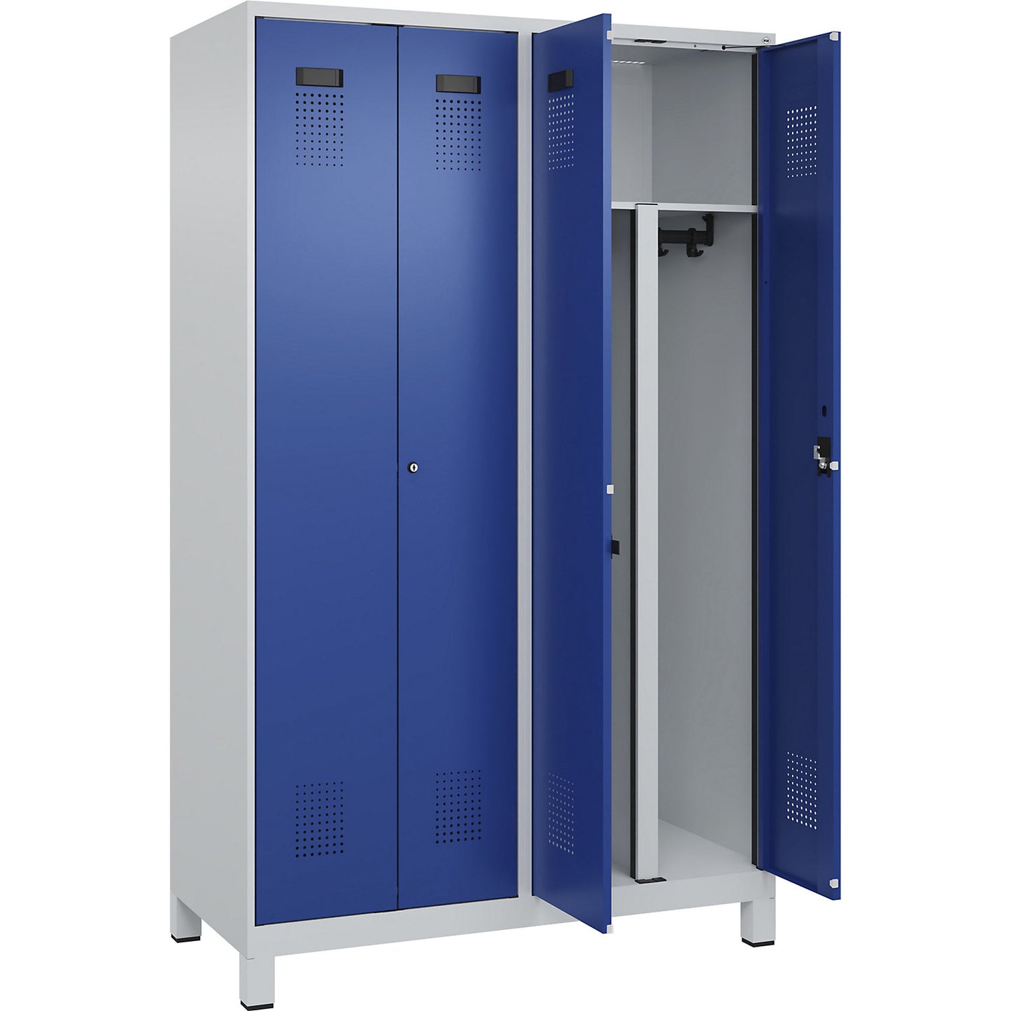 Evolo PLUS clean and dirty locker, 2 compartments, shortened centre divider, light grey / gentian blue, W 1200 mm, with wide feet, cylinder lock.