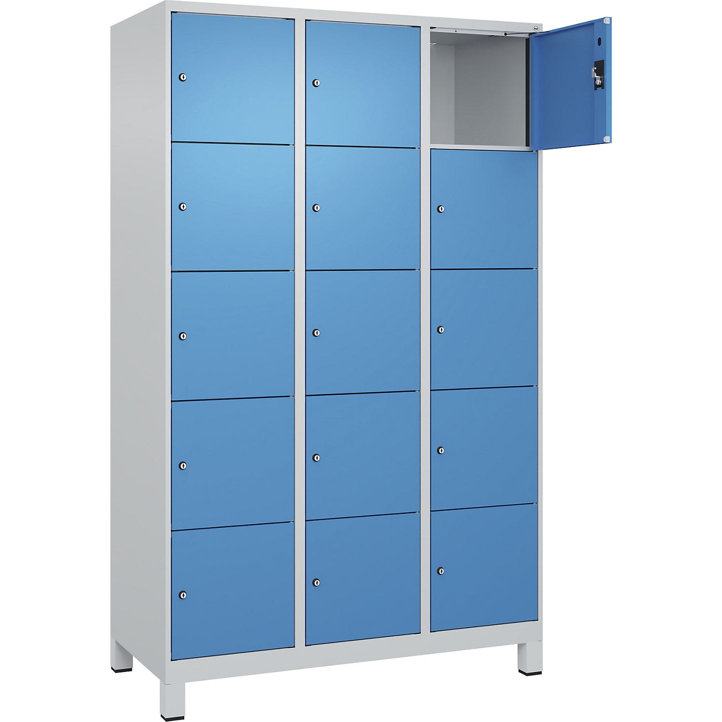 Evolo PLUS 5-fold compartment locker, 3 compartments, light grey / light blue, W 1200 mm, 15 compartments, with wide feet, cylinder lock.