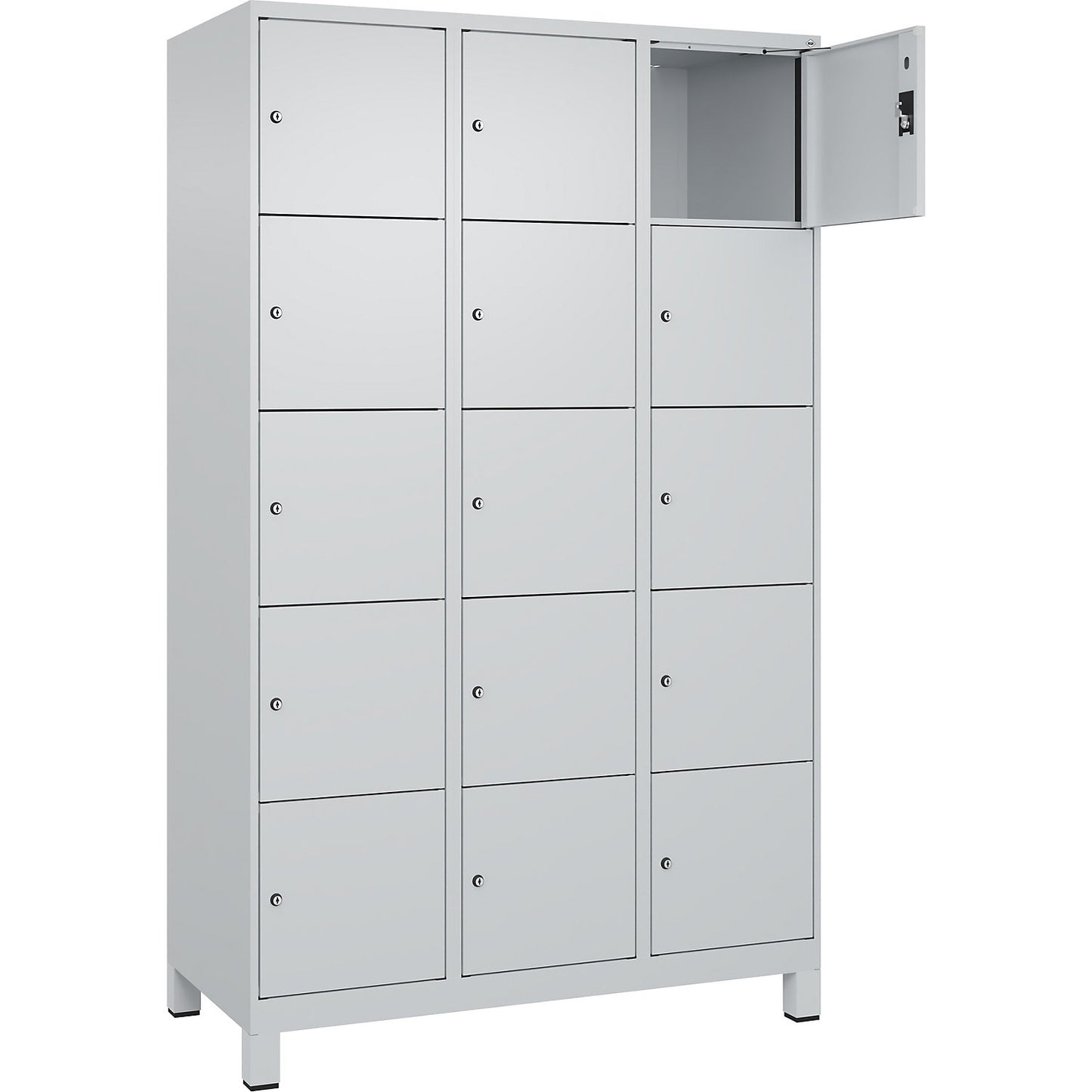 Evolo PLUS 5-fold compartment locker, 3 compartments, light grey, W 1200 mm, 15 compartments, with wide feet, cylinder lock.