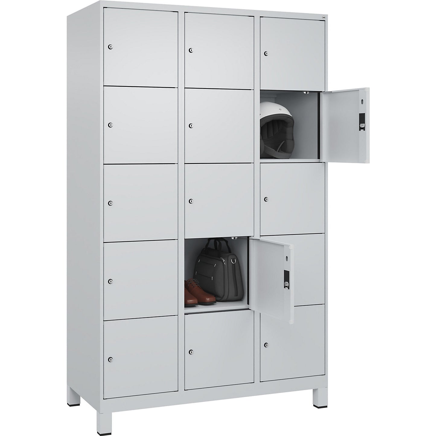 Evolo PLUS 5-fold compartment locker, 3 compartments, light grey, W 1200 mm, 15 compartments, with wide feet, cylinder lock.