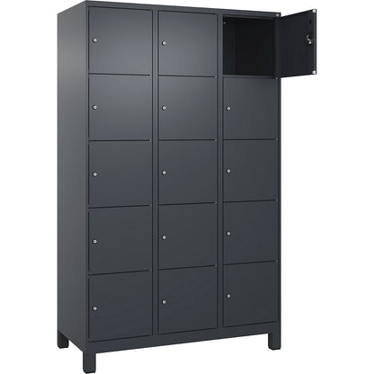 Evolo PLUS 5-fold compartment locker, 3 compartments, grey, W 1200 mm, 15 compartments, with wide feet, cylinder lock.