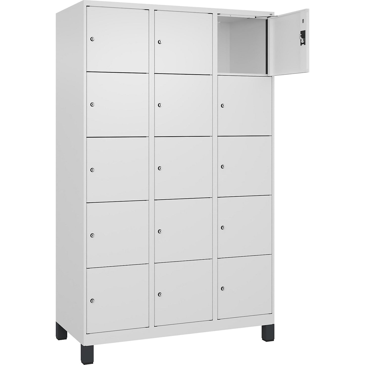 Evolo PLUS 5-fold compartment locker, 3 compartments, white, W 1200 mm, 15 compartments, with wide feet, cylinder lock.