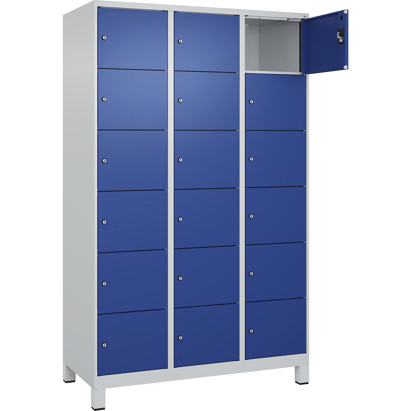Evolo PLUS 6-fold compartment locker, 3 compartments, light grey / gentian blue, W 1200 mm, 18 compartments, with wide feet, cylinder lock.