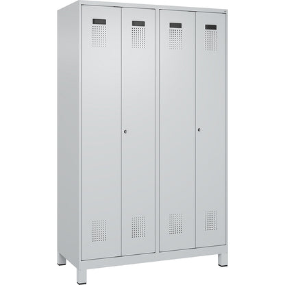 Evolo PLUS clean and dirty locker, 2 compartments, shortened centre divider, light grey, W 1200 mm, with wide feet, cylinder lock.