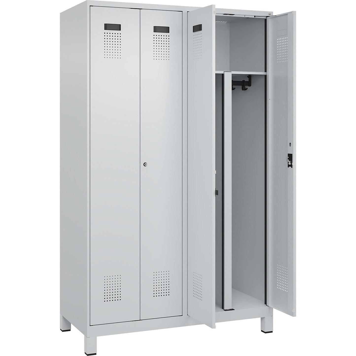 Evolo PLUS clean and dirty locker, 2 compartments, shortened centre divider, light grey, W 1200 mm, with wide feet, cylinder lock.