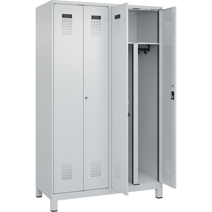 Evolo PLUS clean and dirty locker, 2 compartments, shortened centre divider, light grey, W 1200 mm, with wide feet, cylinder lock.