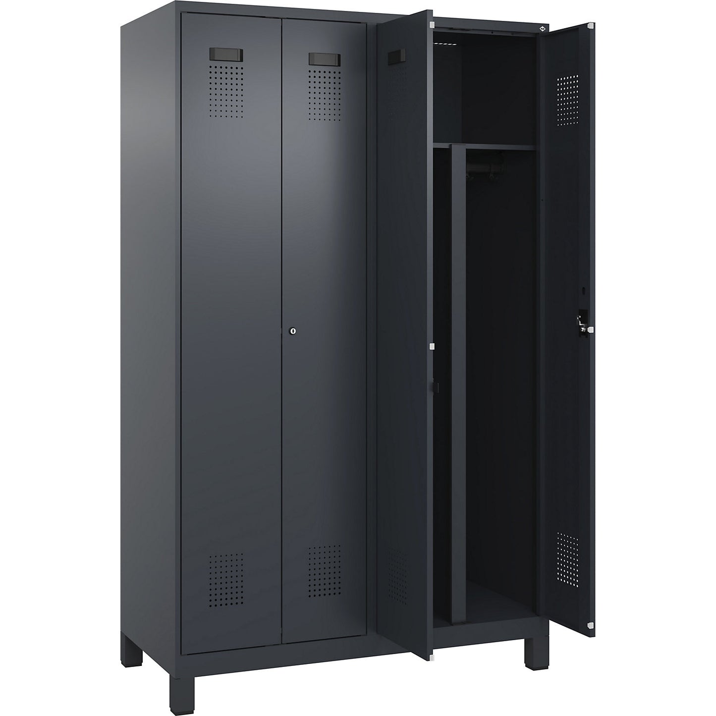 Evolo PLUS clean and dirty locker, 2 compartments, shortened centre divider, grey, W 1200 mm, with wide feet, cylinder lock.