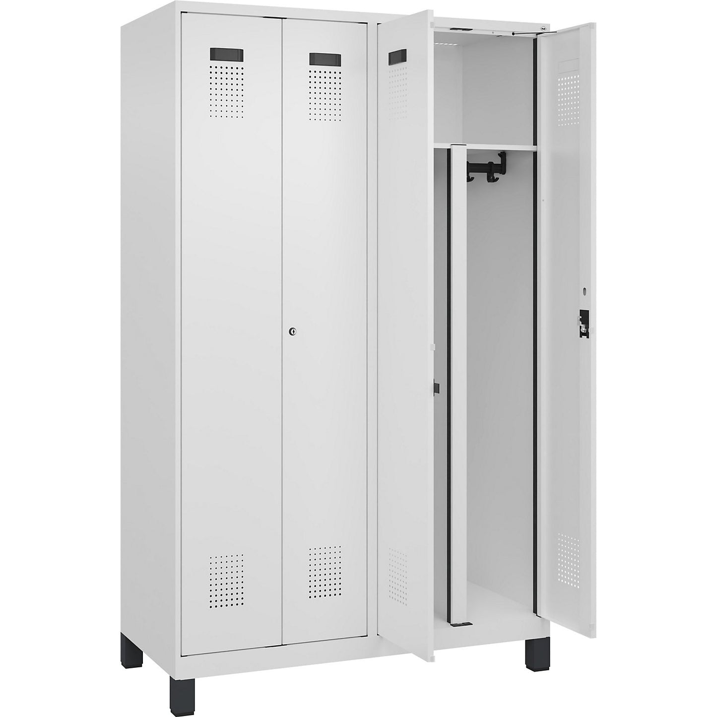 Evolo PLUS clean and dirty locker, 2 compartments, shortened centre divider, white, W 1200 mm, with wide feet, cylinder lock.