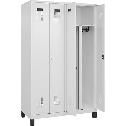 Evolo PLUS clean and dirty locker, 2 compartments, shortened centre divider, white, W 1200 mm, with wide feet, cylinder lock.