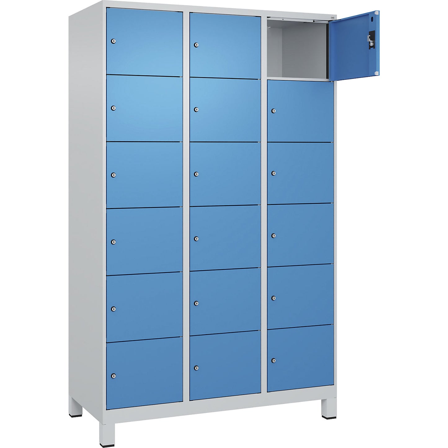 Evolo PLUS 6-fold compartment locker, 3 compartments, light grey / light blue, W 1200 mm, 18 compartments, with wide feet, cylinder lock.