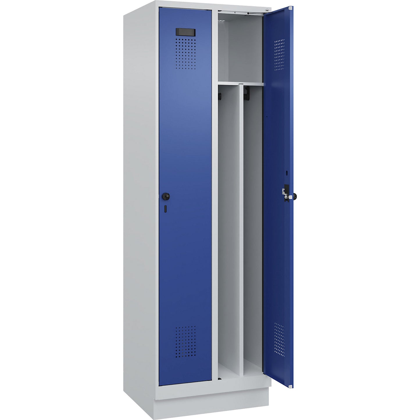 Evolo PLUS clean and dirty clothes locker, narrow, 2 compartments, shortened centre divider, light grey / gentian blue, W 600 mm, with base plinth, security rotary bolt.