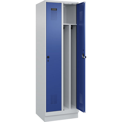Evolo PLUS clean and dirty clothes locker, narrow, 2 compartments, shortened centre divider, light grey / gentian blue, W 600 mm, with base plinth, security rotary bolt.